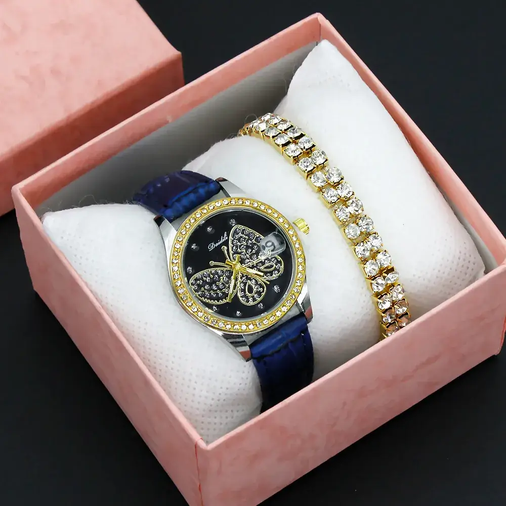 Women's Butterfly Rhinestone Watch Green Strap - Image 6