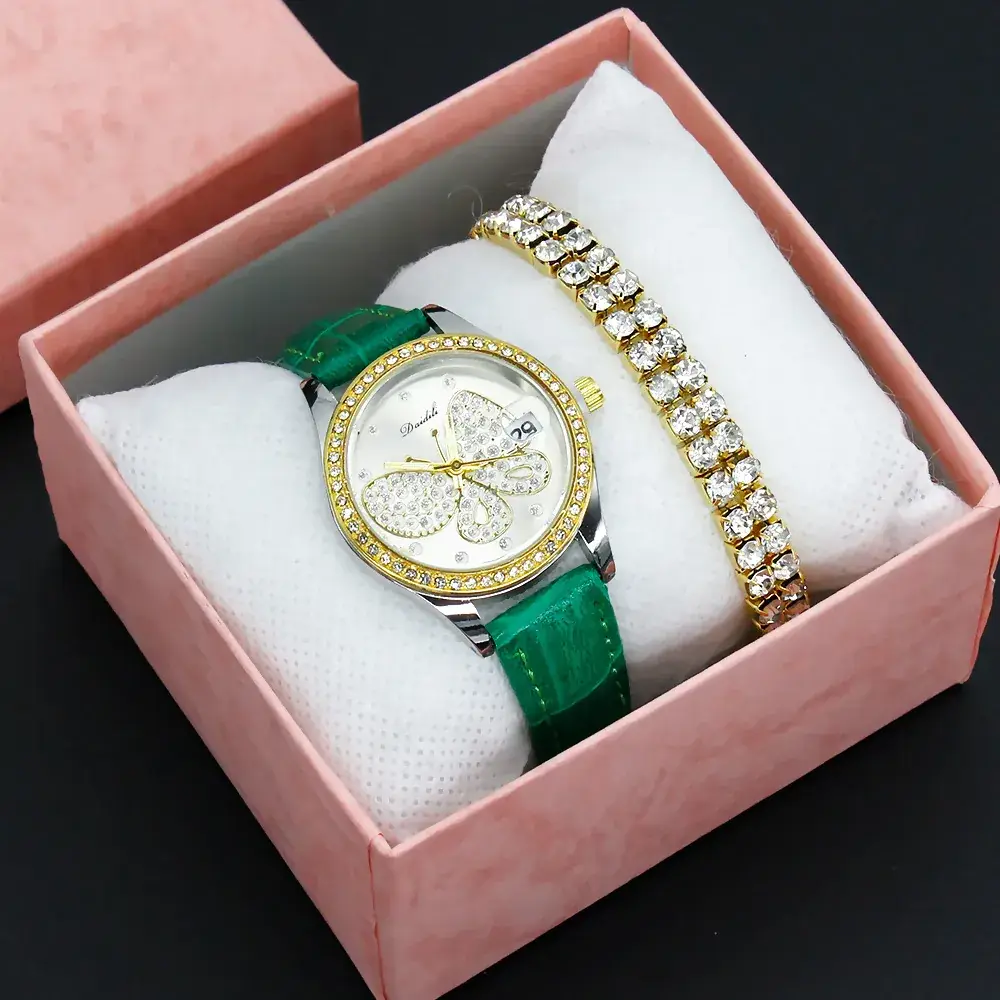 Women's Butterfly Rhinestone Watch Green Strap - Image 9