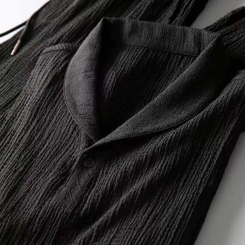 Men Black Pleated Casual Shirt Short Sleeve - Image 8