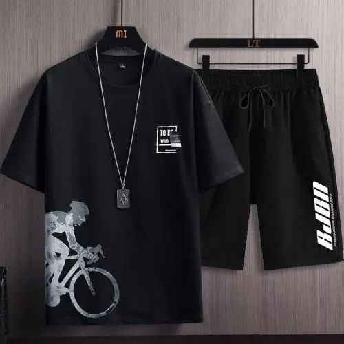 Men Ice Silk Graphic Shorts Set Black with Cartoon Print