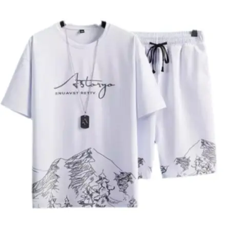 Men Ice Silk Graphic Shorts Set Black with Cartoon Print