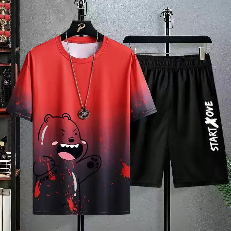 Men Ice Silk Graphic Shorts Set Black with Cartoon Print
