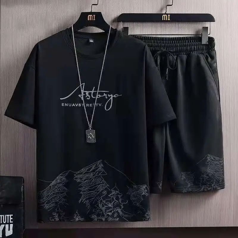 Men Ice Silk Graphic Shorts Set Black with Cartoon Print