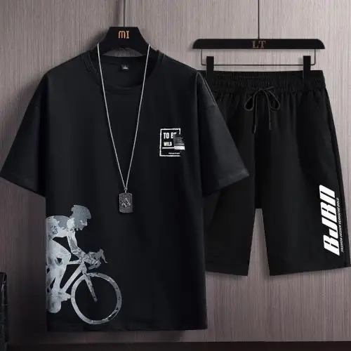 Men Ice Silk Graphic Shorts Set Black with Cartoon Print