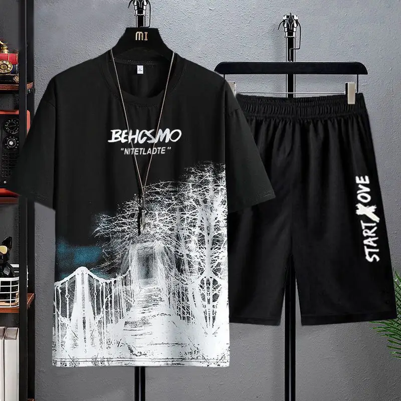 Men Ice Silk Graphic Shorts Set Black with Cartoon Print