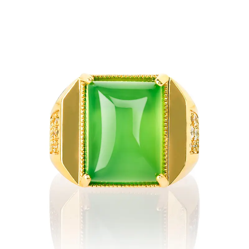 Men's Green Agate Square Ring Copper Gold Plated