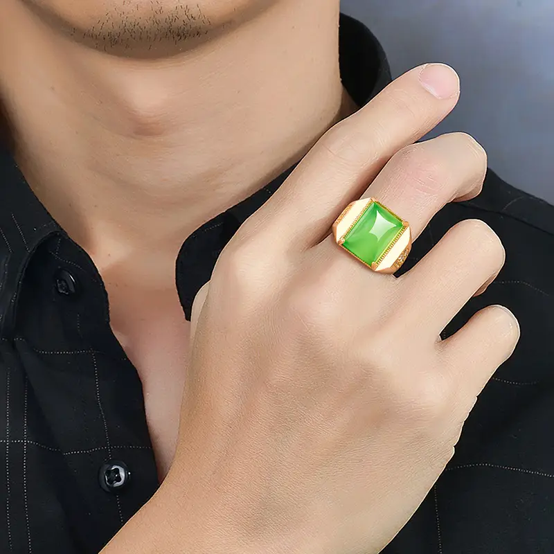 Men's Green Agate Square Ring Copper Gold Plated