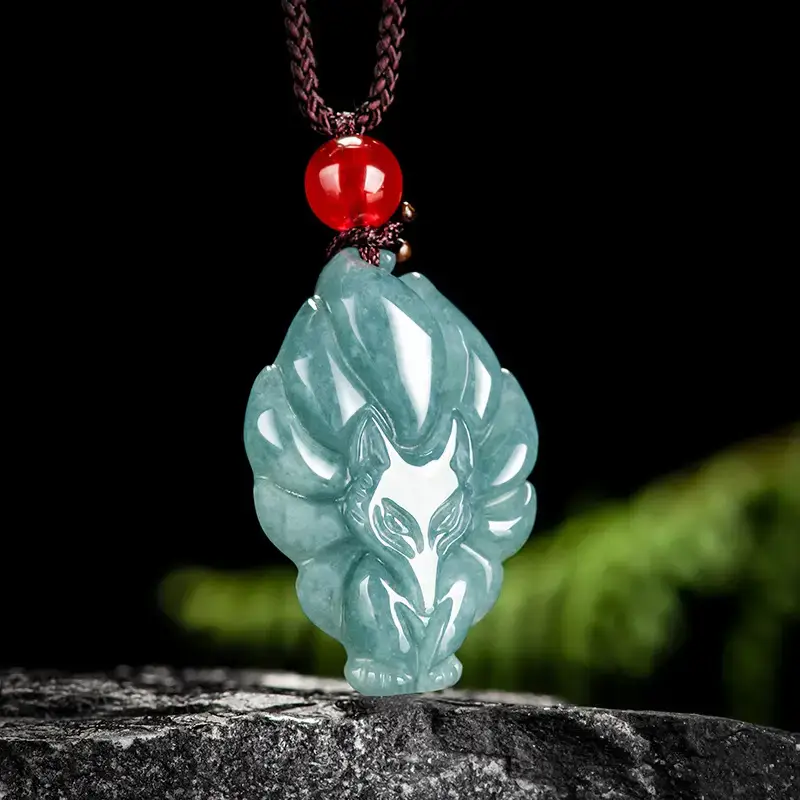 Natural Jade Blue Fox Pendant with Red Bead - Image 2