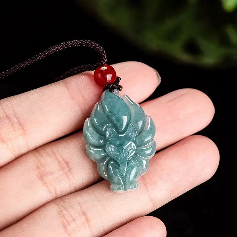 Natural Jade Blue Fox Pendant with Red Bead - Image 3