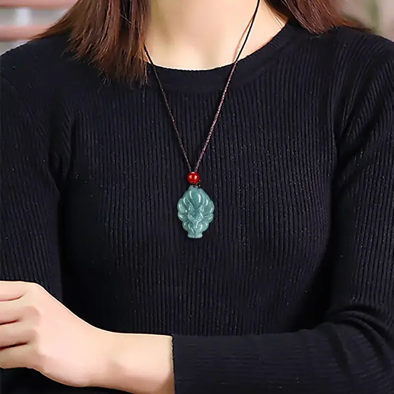 Natural Jade Blue Fox Pendant with Red Bead - Image 4