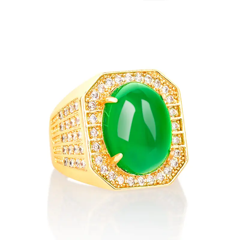 Men's Green Jade Ring Gold Plated with Chalcedony Ice - Image 3