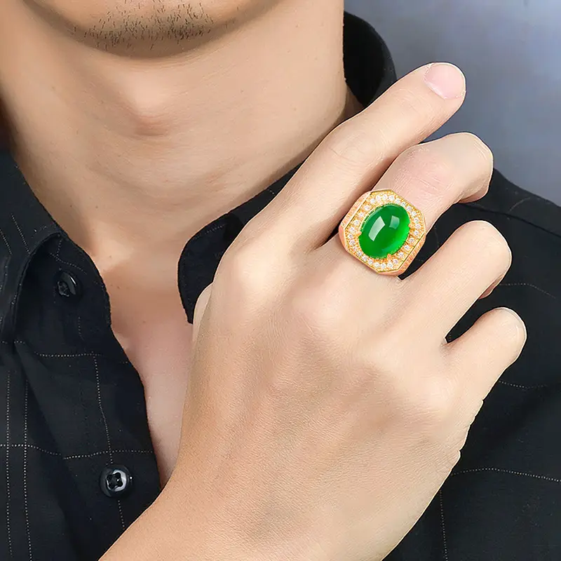 Men's Green Jade Ring Gold Plated with Chalcedony Ice - Image 5