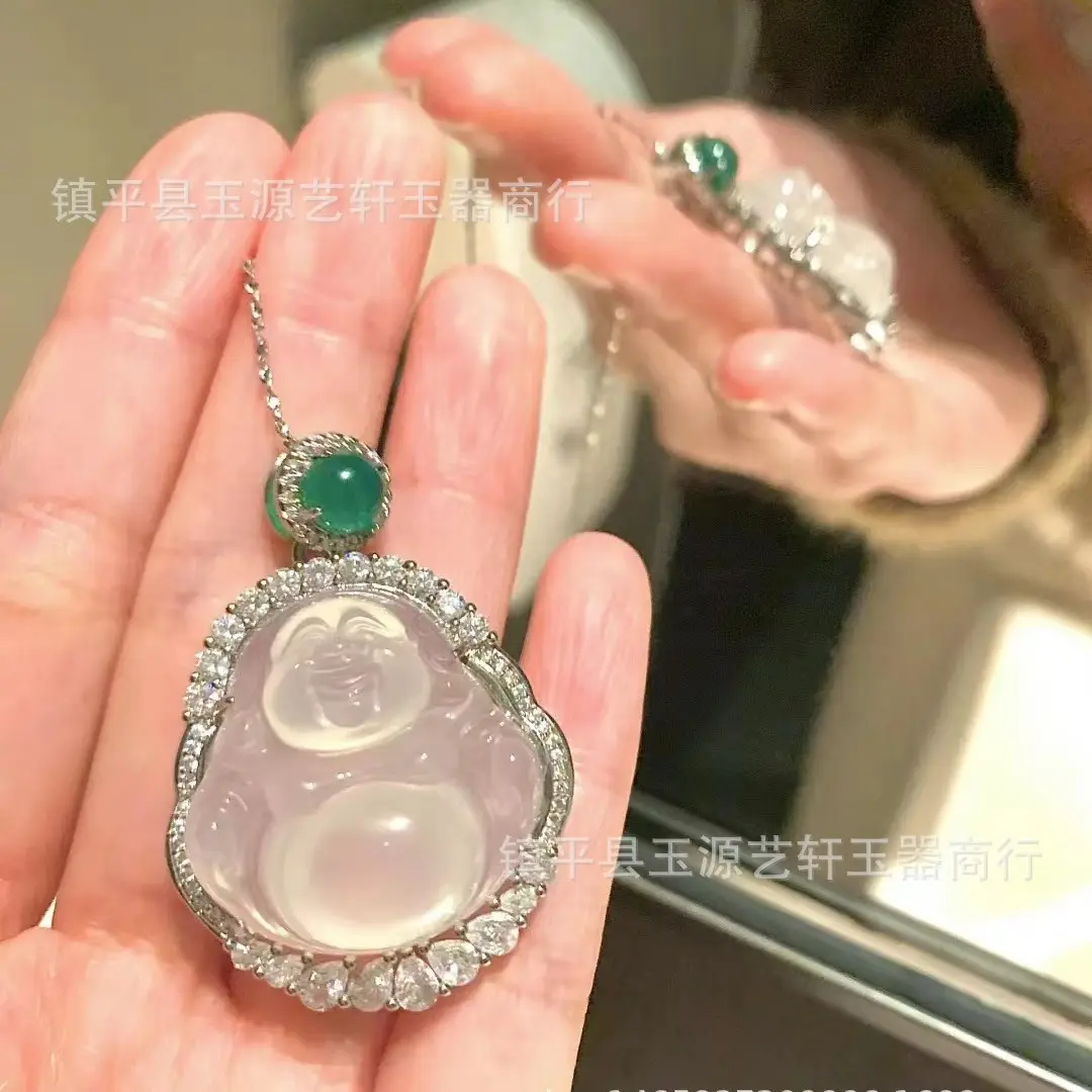 Natural Ice Chalcedony Maitreya Pendant with Niche Light - Image 4