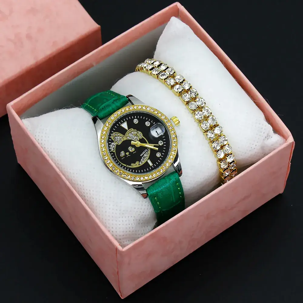 Women's Green Leather Watch with Crystal Bracelet Set
