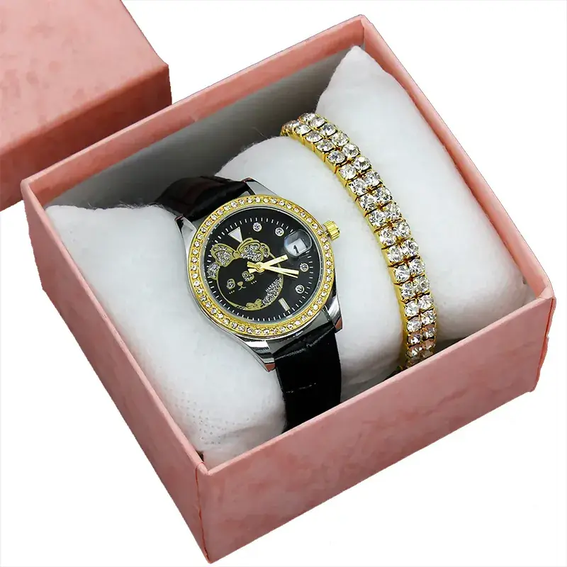 Women's Green Leather Watch with Crystal Bracelet Set