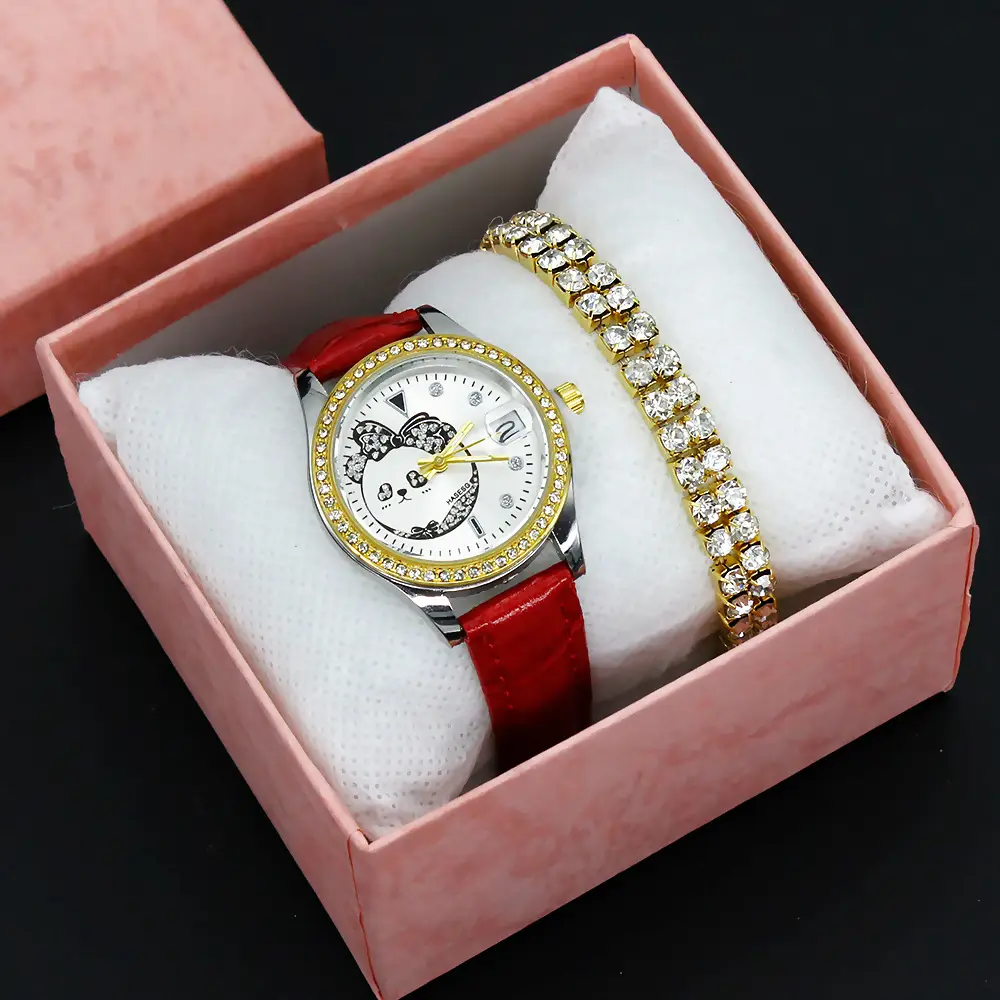 Women's Green Leather Watch with Crystal Bracelet Set — feature 10