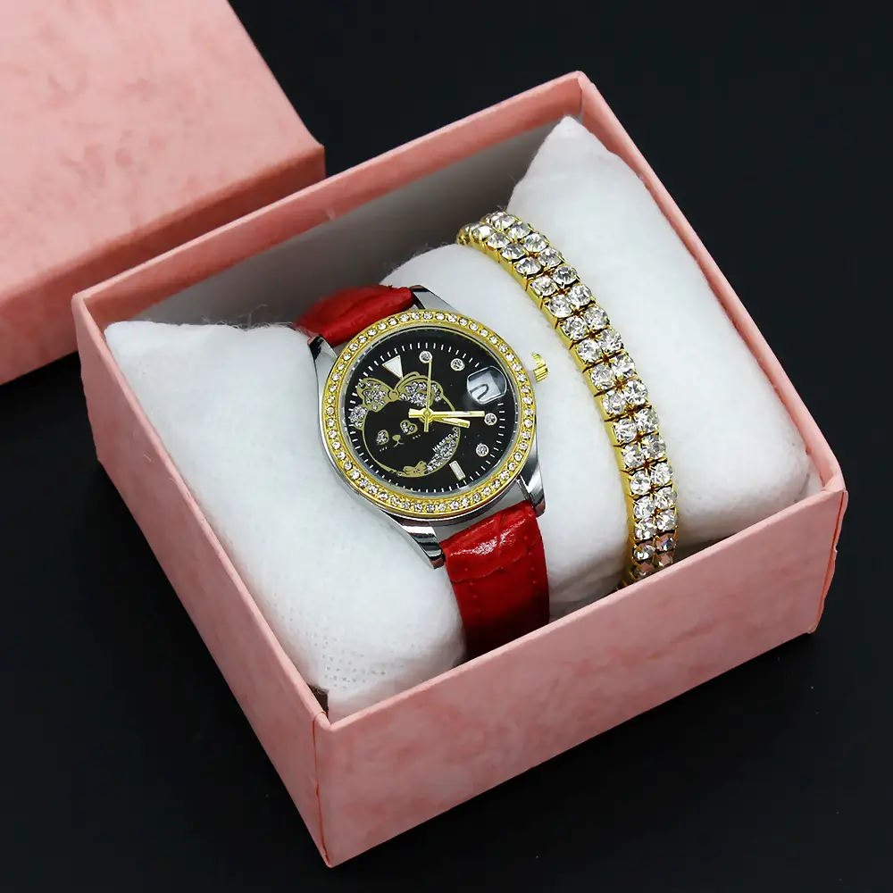 Women's Green Leather Watch with Crystal Bracelet Set — feature 11