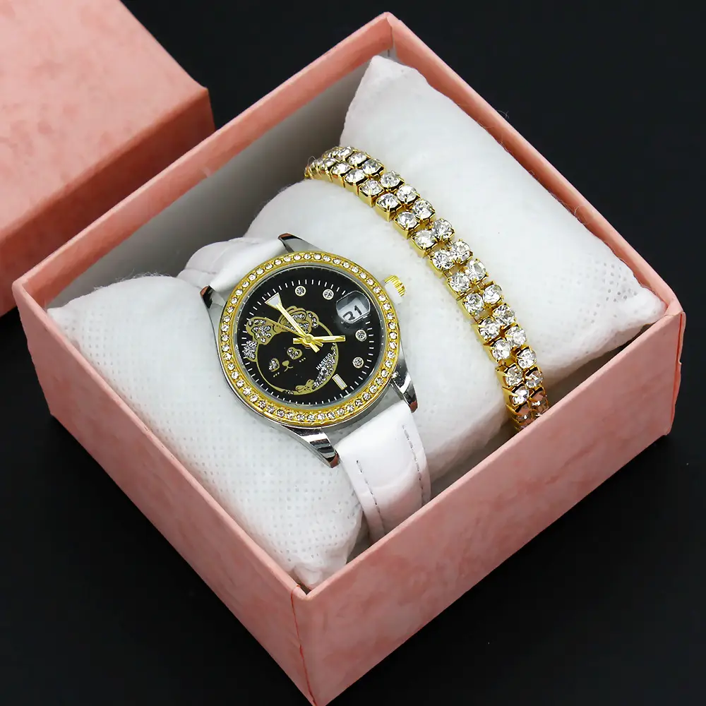 Women's Green Leather Watch with Crystal Bracelet Set — feature 12