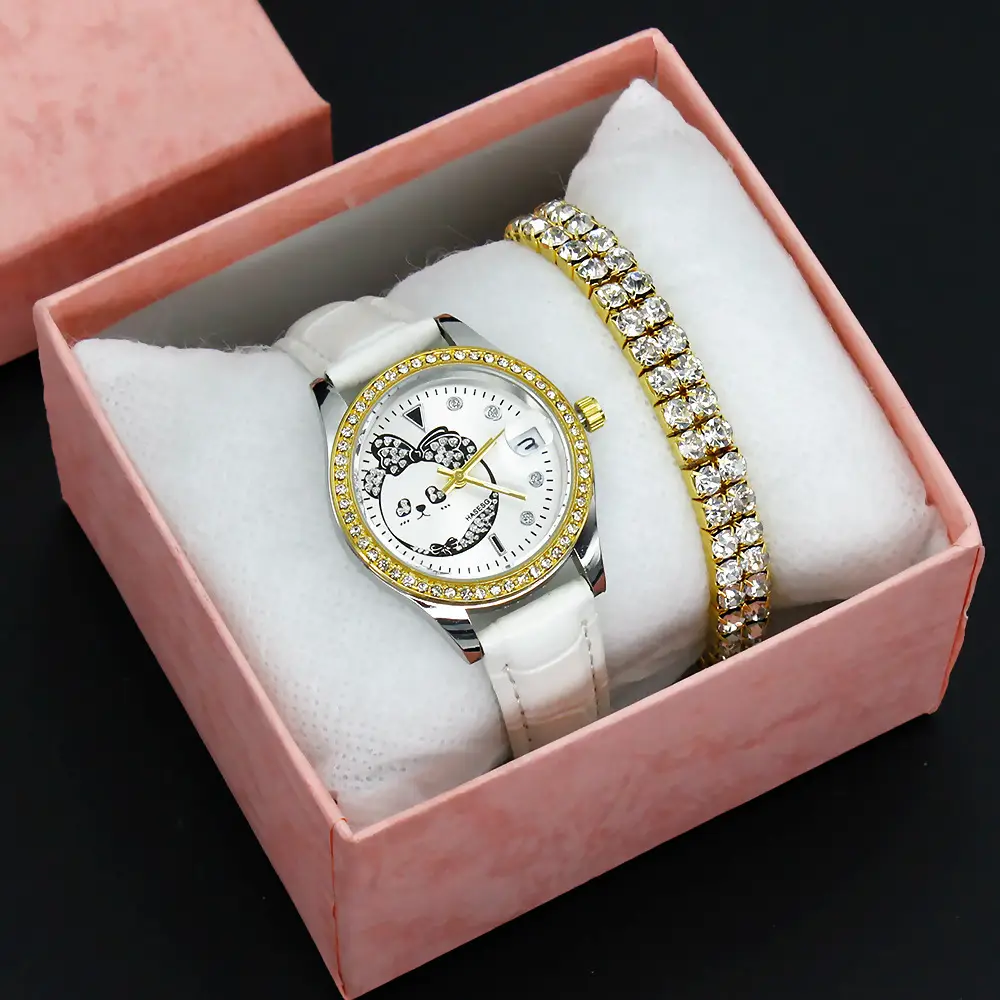 Women's Green Leather Watch with Crystal Bracelet Set — feature 3