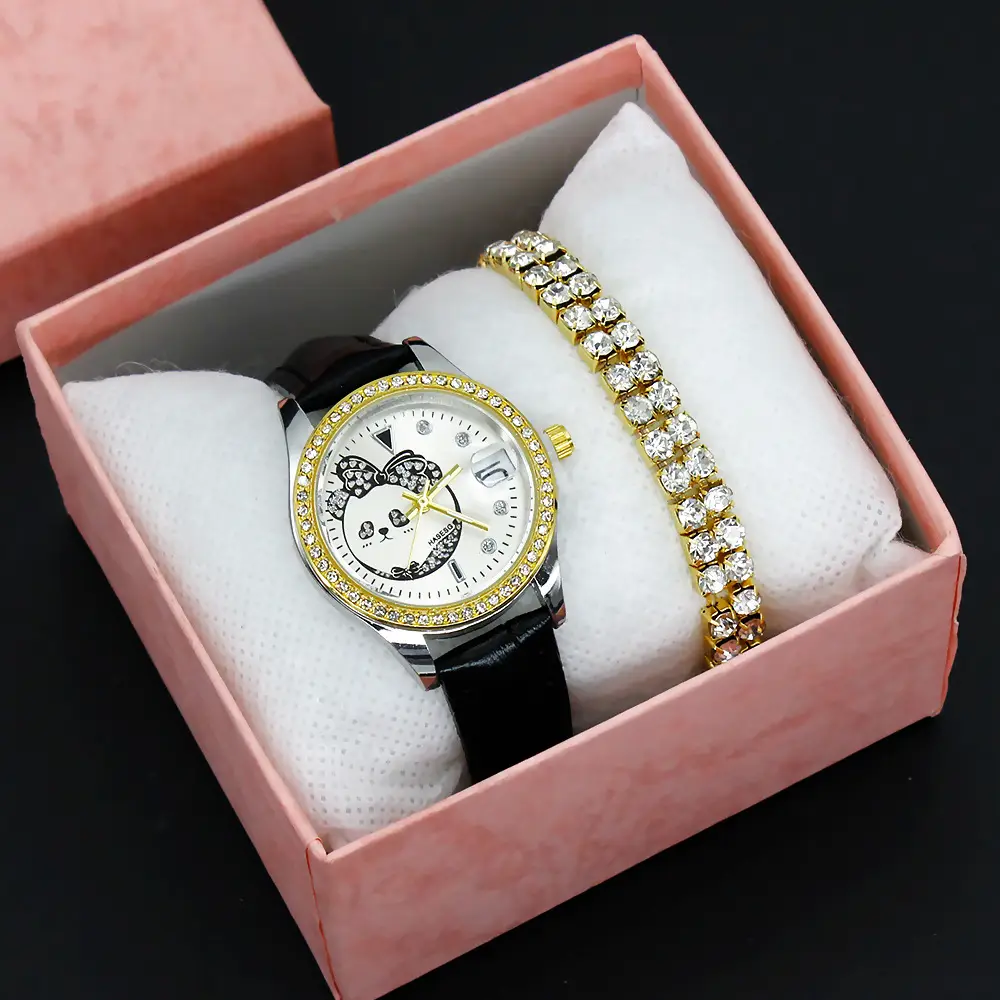 Women's Green Leather Watch with Crystal Bracelet Set — feature 4