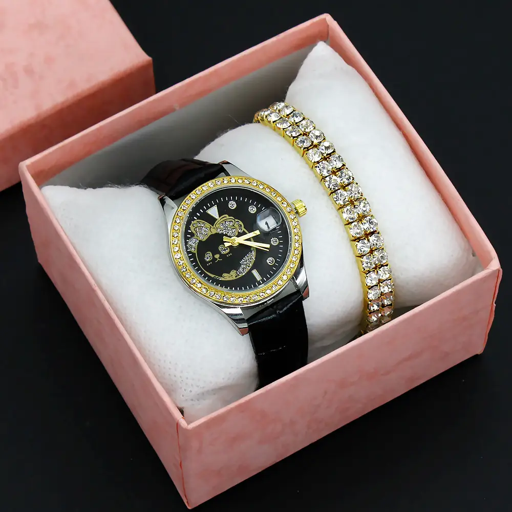 Women's Green Leather Watch with Crystal Bracelet Set — feature 5