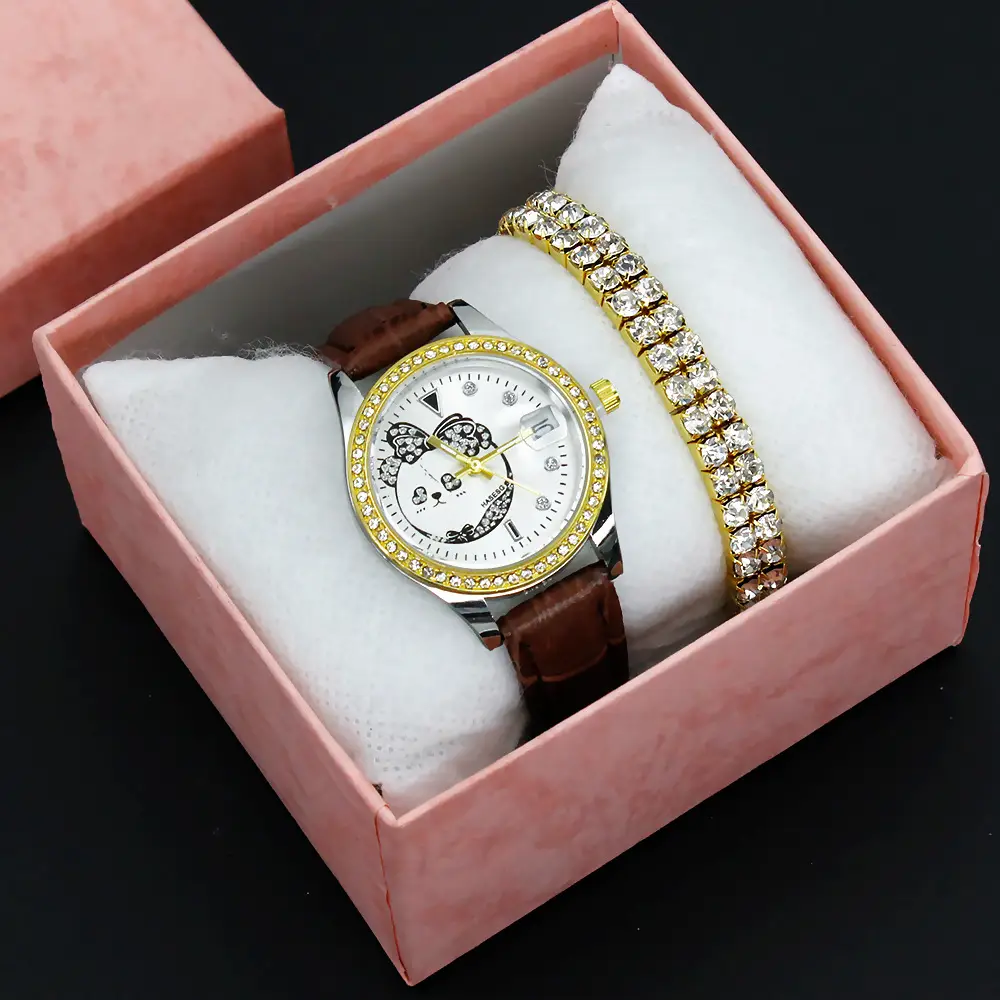 Women's Green Leather Watch with Crystal Bracelet Set — feature 7