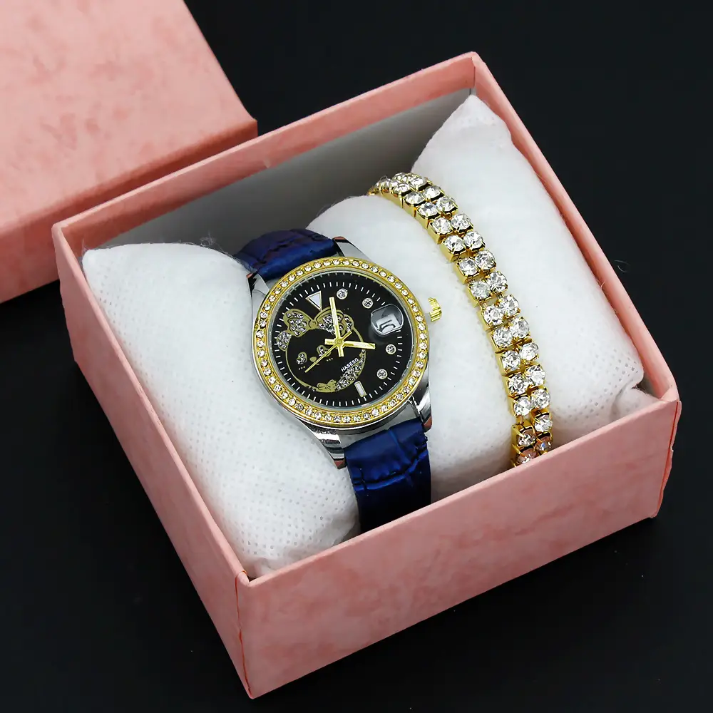 Women's Green Leather Watch with Crystal Bracelet Set — feature 8
