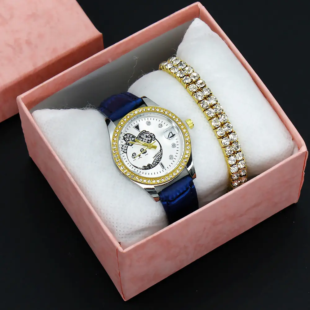 Women's Green Leather Watch with Crystal Bracelet Set — feature 9