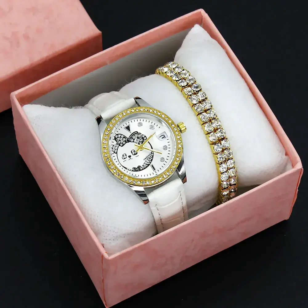 Women's Green Leather Watch with Crystal Bracelet Set