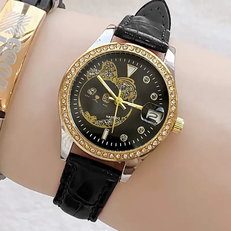 Women's Green Leather Watch with Crystal Bracelet Set