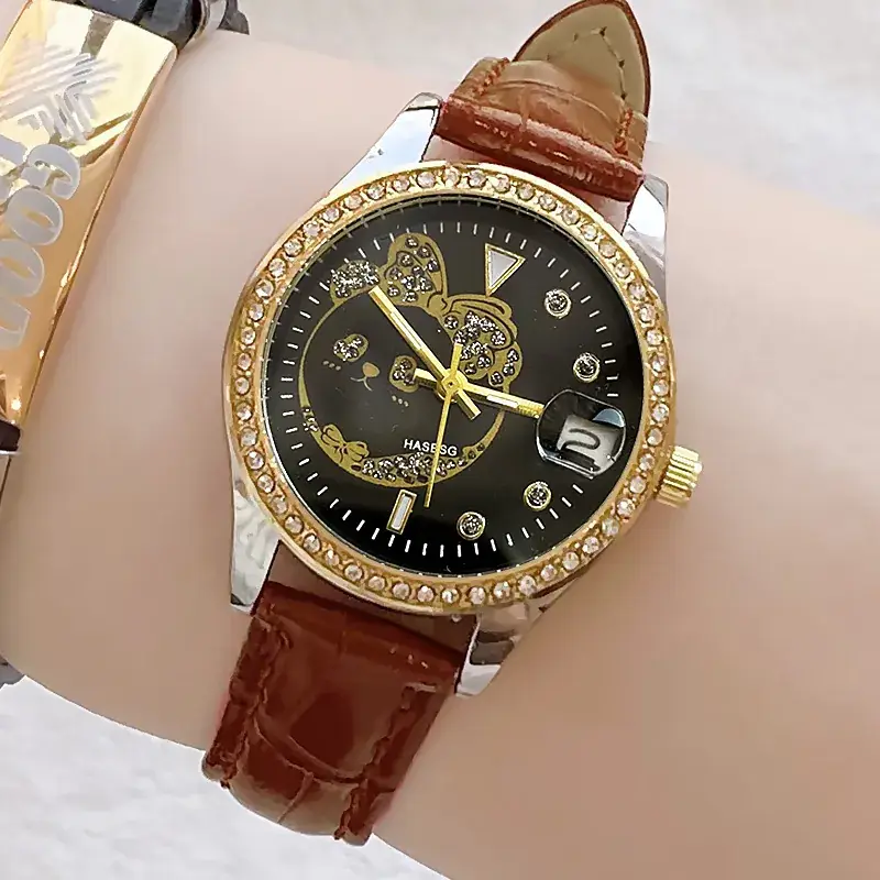 Women's Green Leather Watch with Crystal Bracelet Set