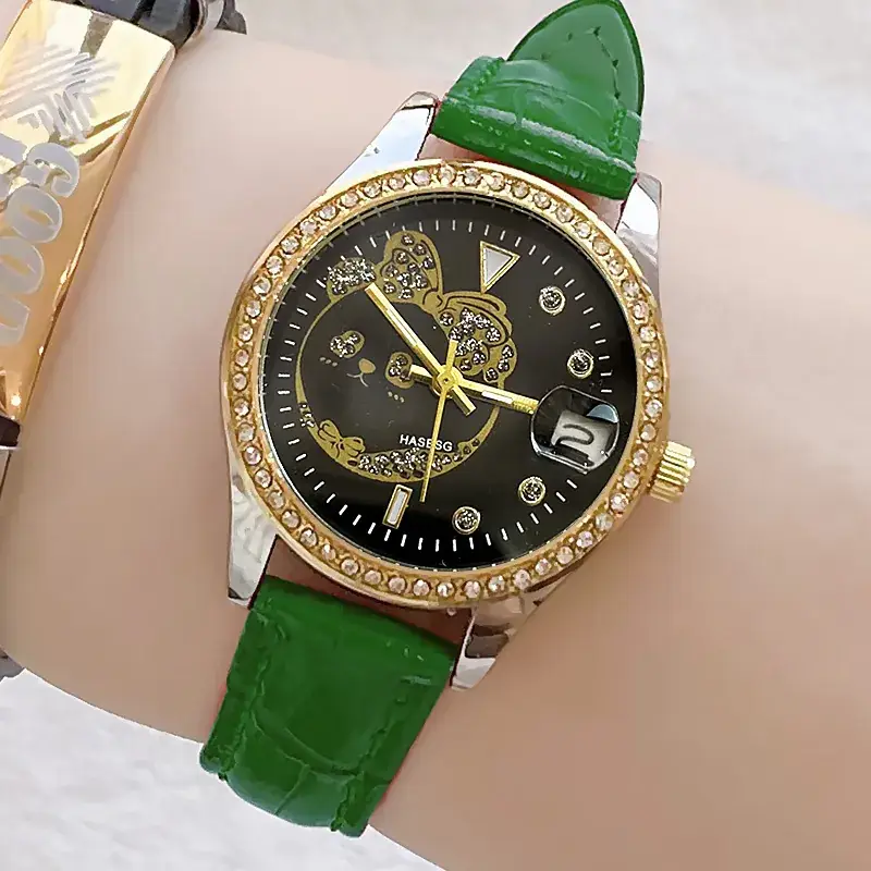 Women's Green Leather Watch with Crystal Bracelet Set
