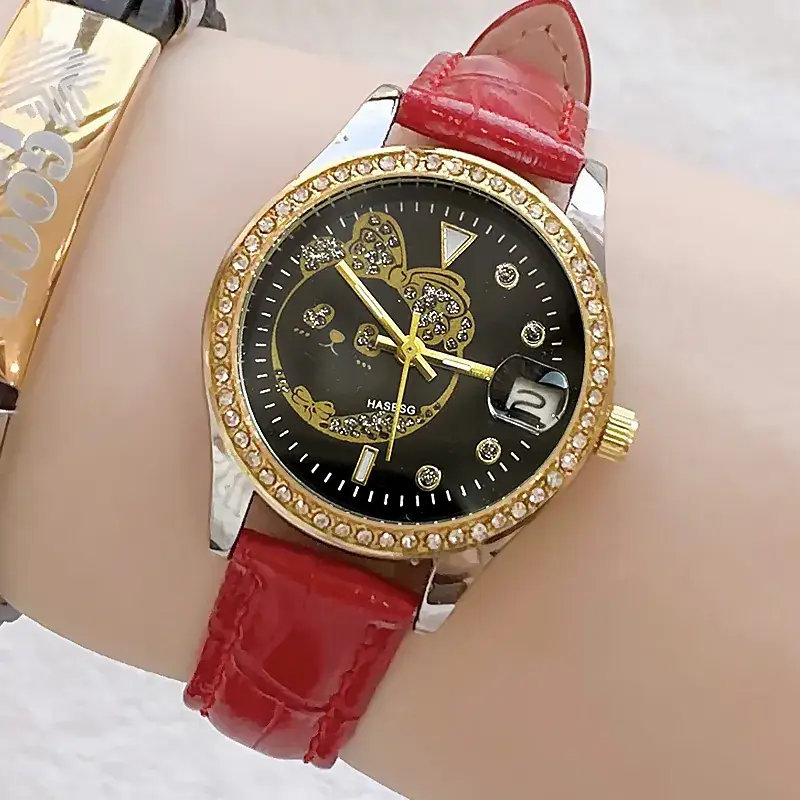 Women's Green Leather Watch with Crystal Bracelet Set