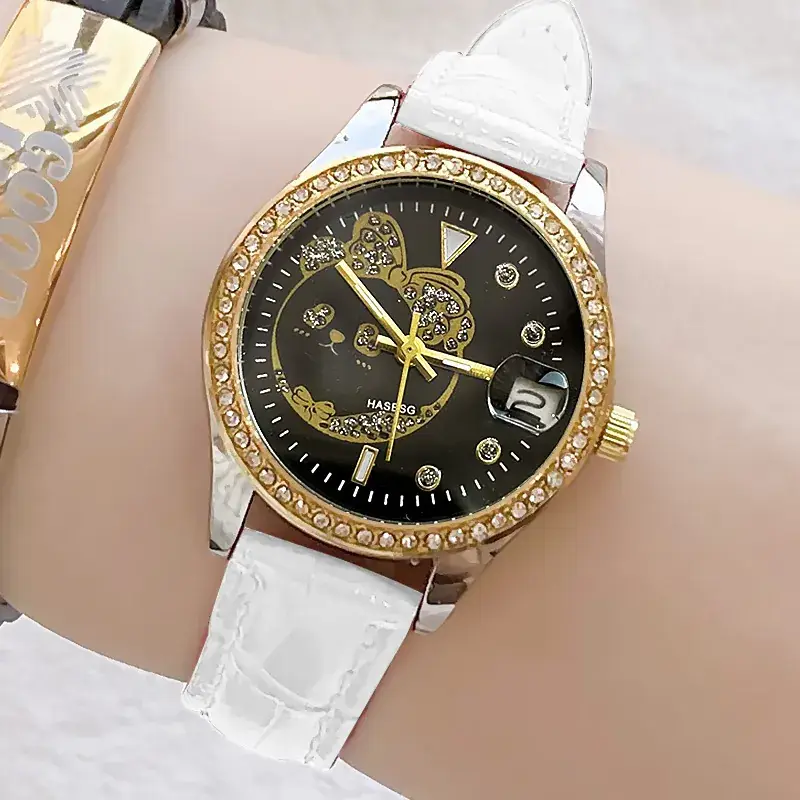 Women's Green Leather Watch with Crystal Bracelet Set