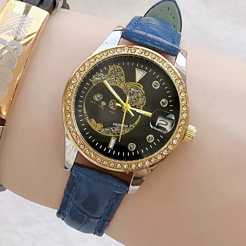 Women's Green Leather Watch with Crystal Bracelet Set