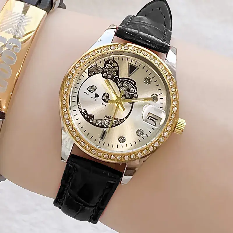 Women's Green Leather Watch with Crystal Bracelet Set