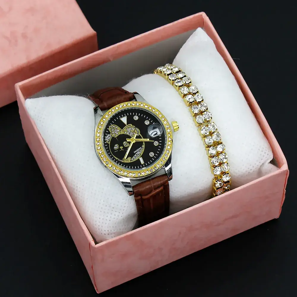 Women's Green Leather Watch with Crystal Bracelet Set