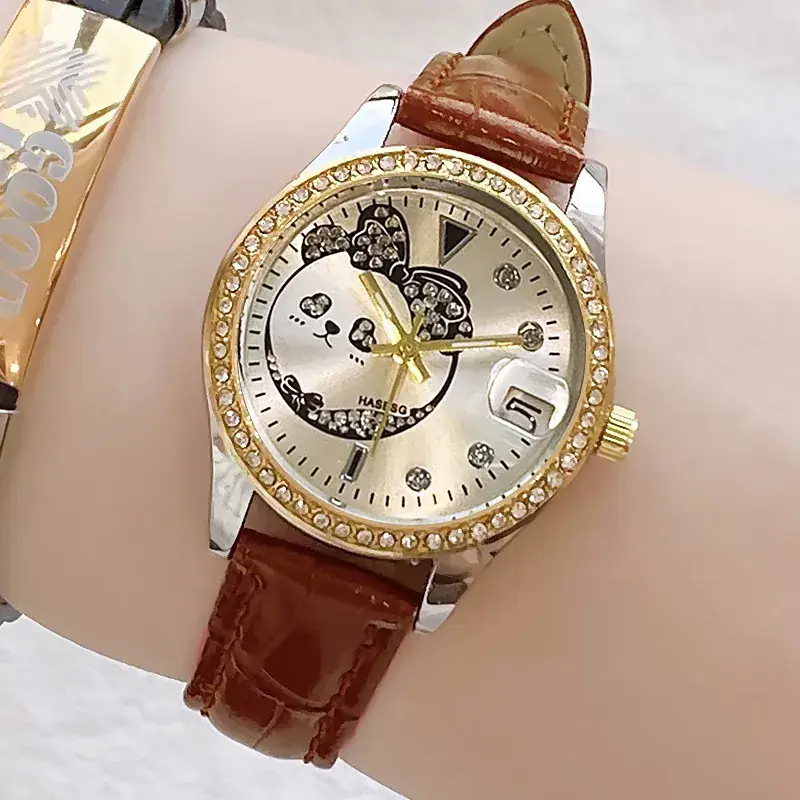Women's Green Leather Watch with Crystal Bracelet Set