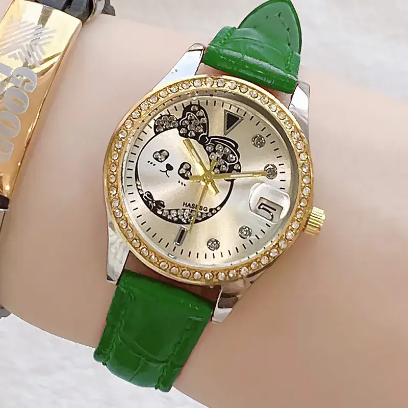 Women's Green Leather Watch with Crystal Bracelet Set