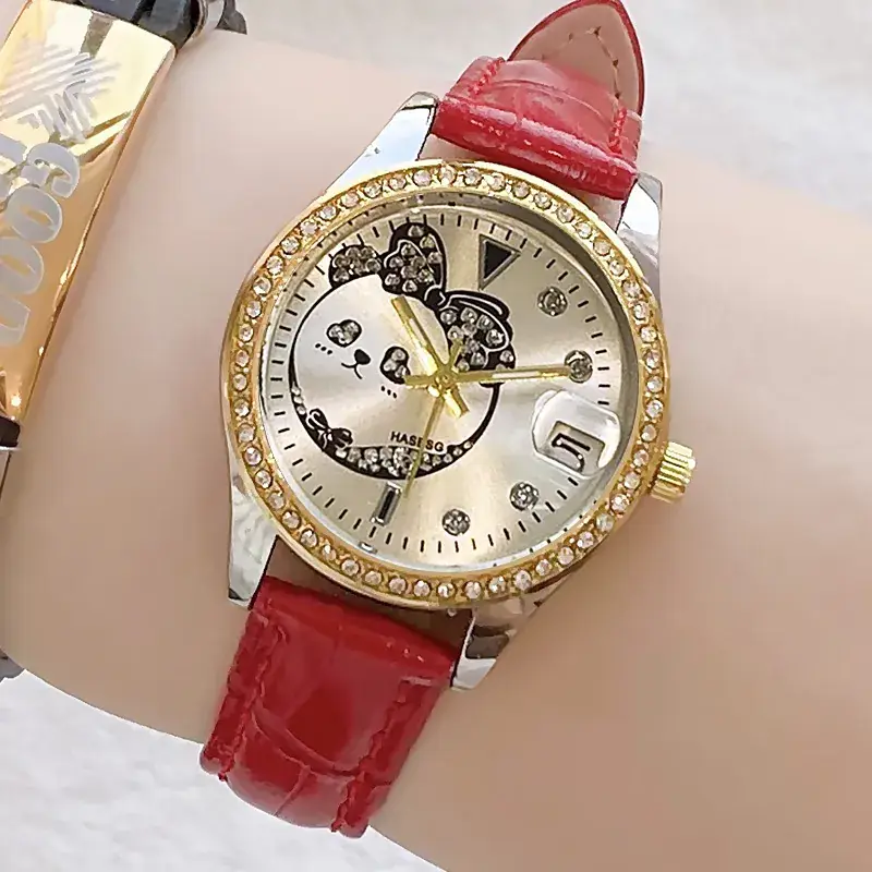 Women's Green Leather Watch with Crystal Bracelet Set