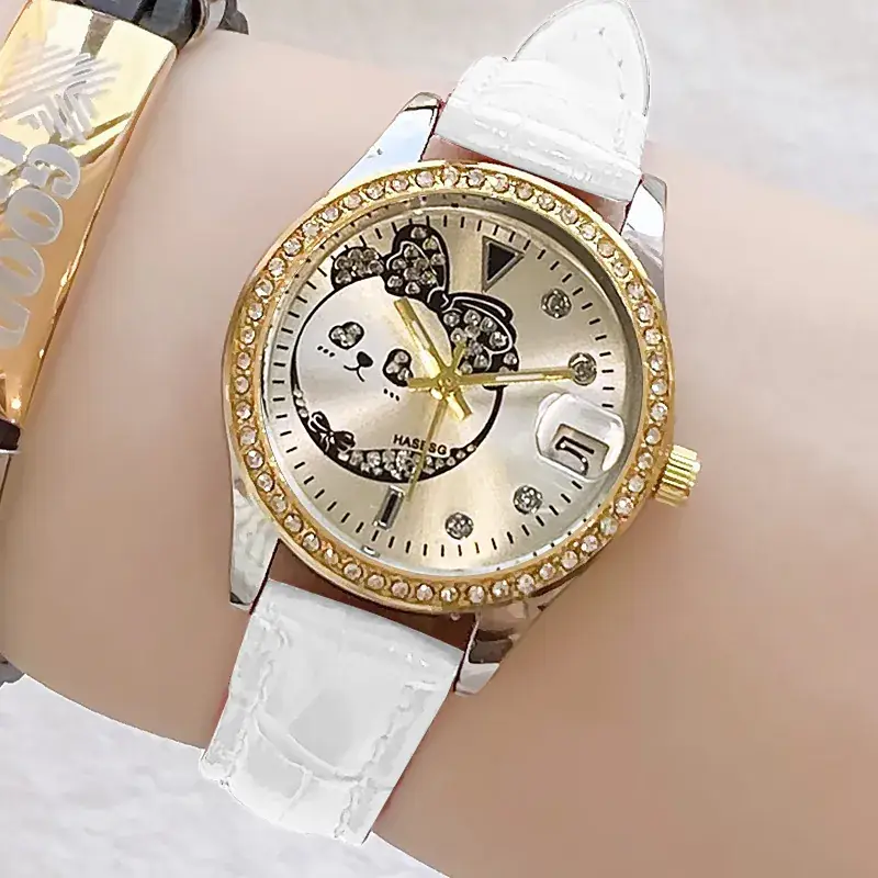 Women's Green Leather Watch with Crystal Bracelet Set