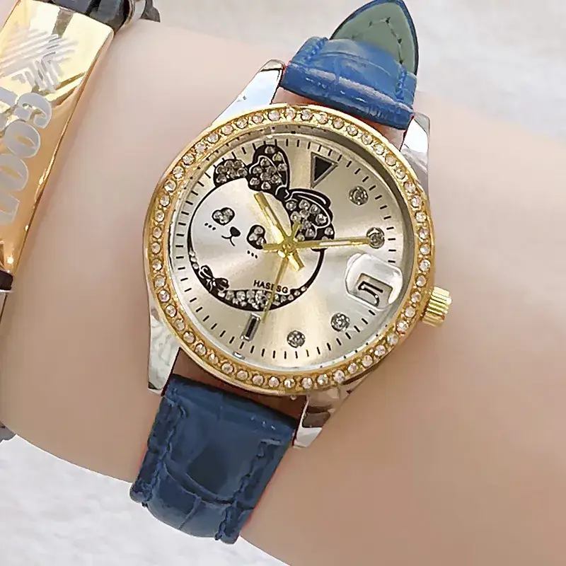 Women's Green Leather Watch with Crystal Bracelet Set