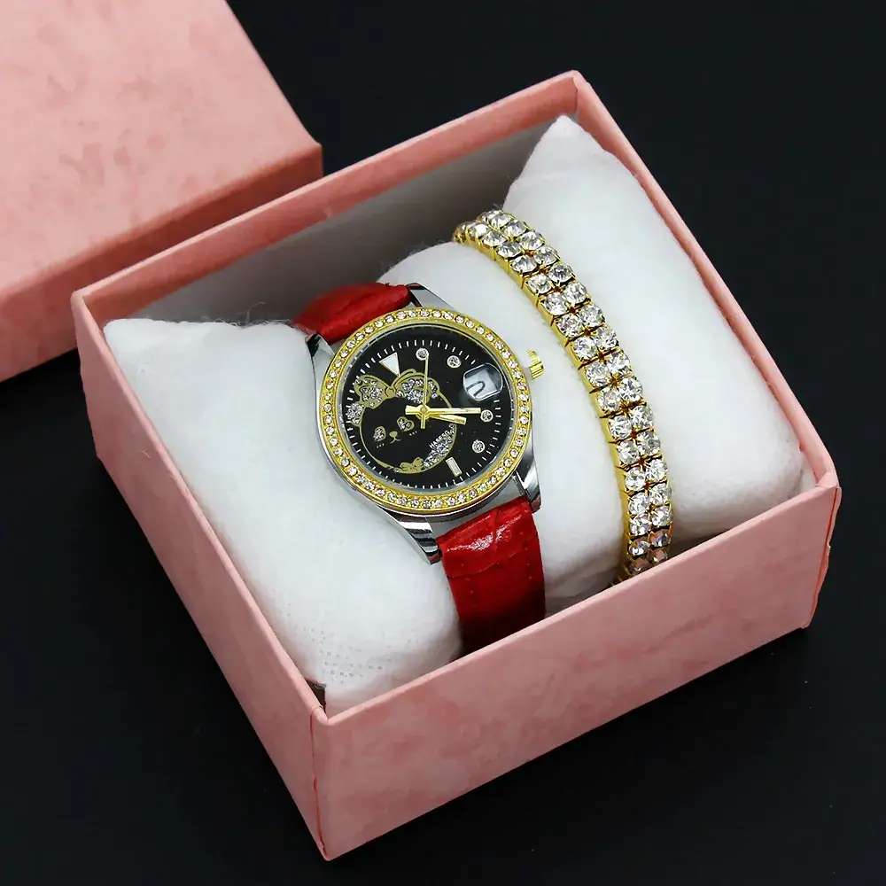 Women's Green Leather Watch with Crystal Bracelet Set