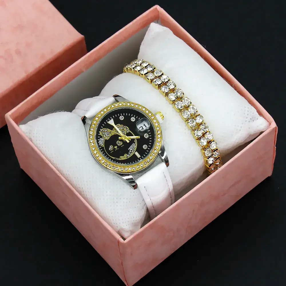 Women's Green Leather Watch with Crystal Bracelet Set