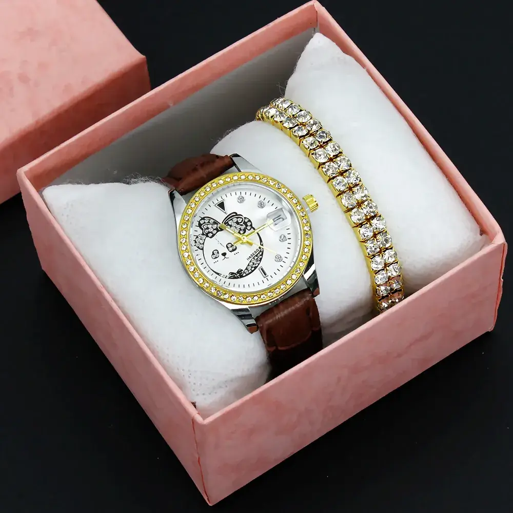 Women's Green Leather Watch with Crystal Bracelet Set