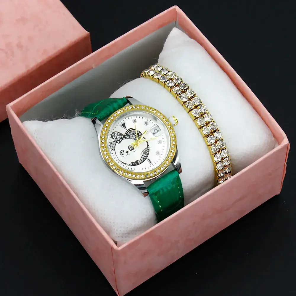 Women's Green Leather Watch with Crystal Bracelet Set