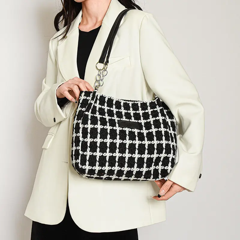 2024 Winter Plaid Shoulder Bag Women Woolen Tote - Image 2