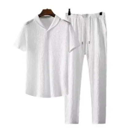 Men White Pleated T-Shirt Shorts Casual Set - Image 11