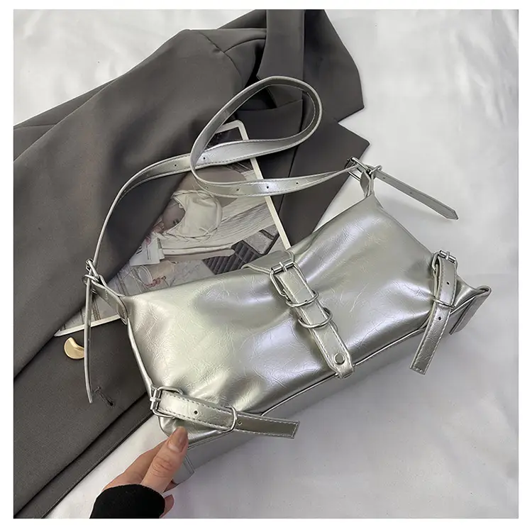 Silver PU Textured Shoulder Bag for Women 2024 Spring New Arrival - Image 2
