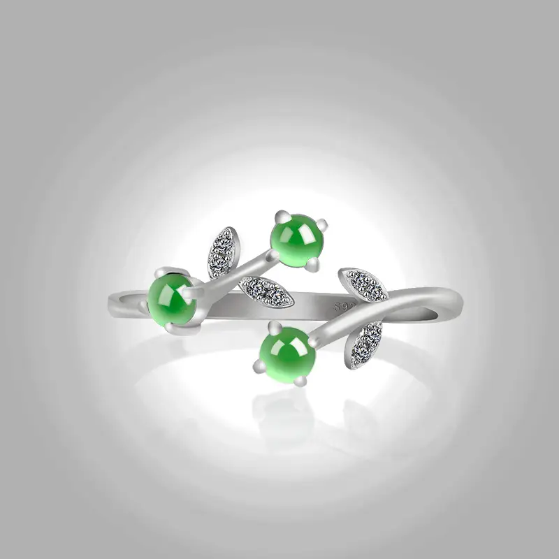 Natural Jade Ink Jade Flower Ring S925 Silver Adjustable - Image 3